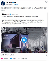 狂人马斯克的终极目标：每年生产1万艘星舰飞船
